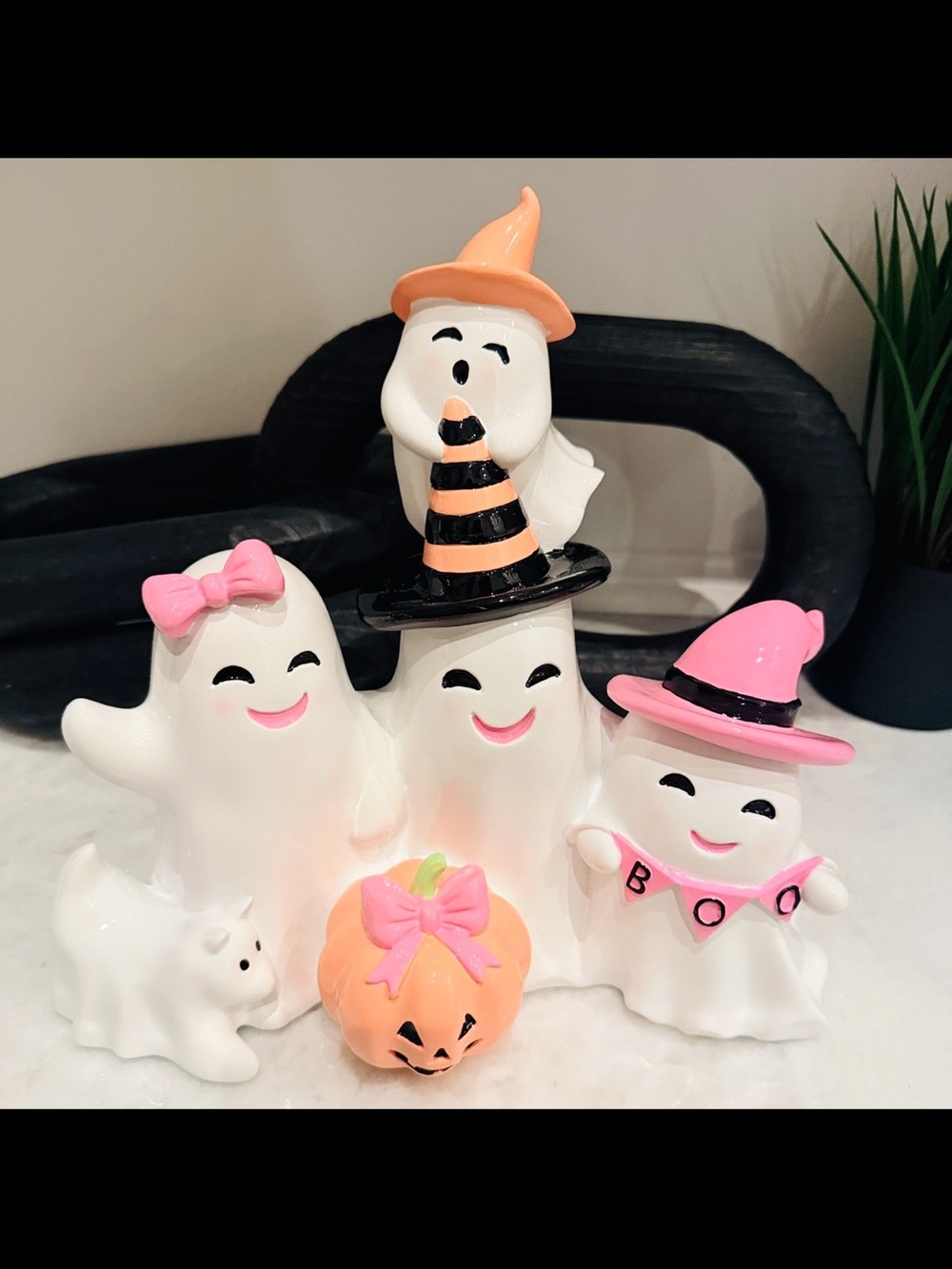 Charming Pink & Orange Ceramic Ghost Family Halloween Figurine - Unbranded